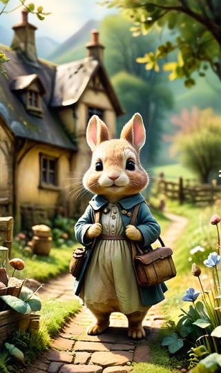 cinematic still Beatrix Potter style watercolor. Chibi style, they are in a rural school, a landscape of pastel colors, emotional, harmonious, vignette, highly detailed, high budget, bokeh, cinemascope, moody, epic, gorgeous, film grain, grainy, detailmaster2, Leonardo Style