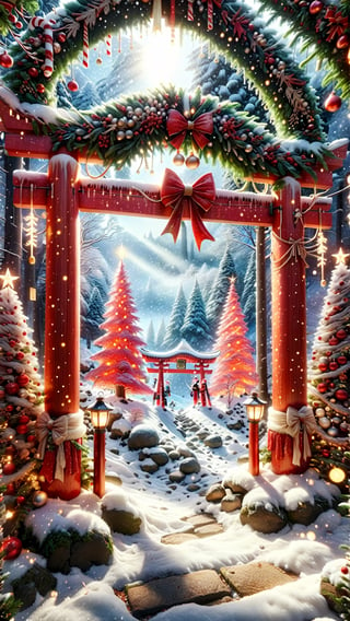 skptheme,
"Create a visually stunning image through stable diffusion, capturing the ethereal essence of a Christmas-themed torii gate adorned with dazzling illumination. Emphasize the divine radiance and intricate details, portraying a harmonious blend of festive lights and sacred elegance,christmas