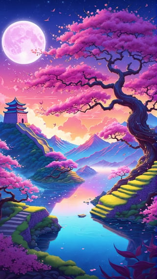 Luminous Reverie: Purple Trees at Heavenly Dawn, a detailed digital painting by Justin Gerard influenced by Beeple and Jeremiah Ketner, depicting the Great Wall of China, Standing majestically in the middle of the tranquil lake. The vista captures the skylight of the rising moon and brilliant sunrise, illuminating the trees and surrounding cherry blossom grove. Surrounded by the ancient Great Wall, the tree itself seems to exude a peaceful smile, as if in harmony with the rhythm of nature's blossoming flowers. The overall composition is stunningly perfect, capturing the influence of psychedelic art in an incredibly detailed way. How to Draw: Techniques that skillfully blend celestial and psychedelic elements against the backdrop of sunset and sunrise light to create awe-inspiring great compositions with intricate detail. , Mysteriousdd