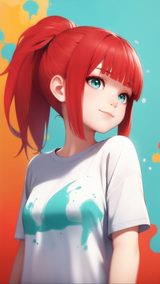 masterpiece, best quality, 1girl, ponytail, blunt bangs, red hair, aqua eyes, light smile, looking at viewer, paint splatter background, oversized t-shirt, upper body, closed mouth