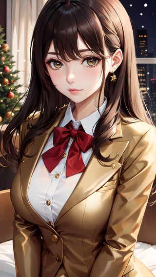 1 women, (formal suits, colour gold)( Christmas theme),Masterpiece,mecha,milf,lora_claire