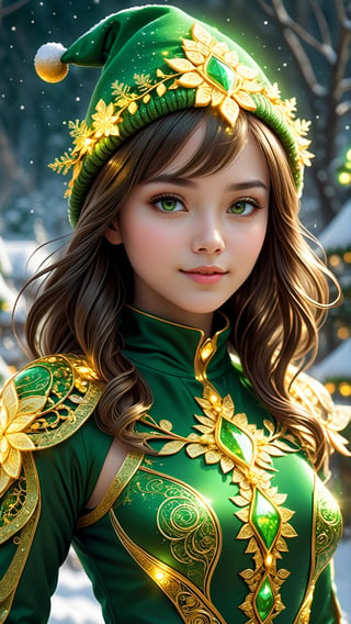 ultra realistic, best quality, cinematic, ultra detailed picture of beautiful cute friendly female wearing an intricate form-fitting green-gold christmas outfit with glowing fractal elements, village, outdoors, winter, sharp focus, work of beauty and complexity invoking a sense of magic and fantasy, 8k UHD, colorful aura, glowing, upper body, small breasts, santa hat, (((closeup)))