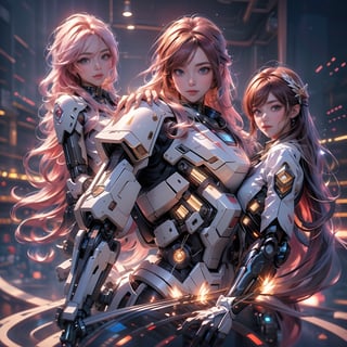 masterpiece, best quality, best quality, amazing, beautiful detailed eyes,
Extremely detailed CG Unity 8k wallpaper, three women, long hair, Mecha Musume, cowboy photo,glitter,perfect