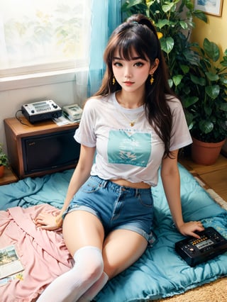 1girl (beauty, attractive, sexy, long hair, bangs, full body, jewelry, earrings, shirt, short sleeves, shorts, socks), lay on bed, indoors, reading letter, photo albums, (yellow and blue and pink pastel theme), plant, bed, potted plant, old radio, rug, 80s japanese furniture, ((more detailed interior)), pastel bg, film grain, Masterpiece (photorealistic, hyper realistic, aesthetic and elegant, best quality, ultra-detailed, 16K), VINTAGE, Chinese Water color Painting style,Flat vector art