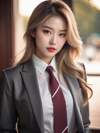 1 girl (Korean, full_body:2, hourglass body, thin waist, gray eyes, juicy lips, sexy, long eyelashes, very long straight blonde hair, high contrast), white shirt, a red tie, dark gray tailored suit, exquisite details and textures, a sexy instagram hot Swiss model, warm tone, siena natural ratio, ultra realistic, ultra detailed, more flowing rhythm, elegant, beautiful and aesthetic, add soft blur with thin line, soft lighting, low contrast, (bright and intense:1.2), (muted colors, dim colors, soothing tones:0), (vibrant color:1.4), wide shot, cinematic lighting, ambient lighting, cinematic shot, (RAW photo, best quality), hyperrealistic, photorealistic, ultra-detailed, realistic photo, best quality, masterpiece, 16K, (HDR:1.4)