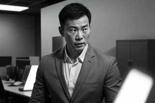 male, office wear, wear glass, middle age, black and white image , studio lighting, very shocked, surpriced look, brighter
hand shows why, chinese man,Pectoral Focus,Asian man