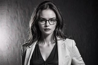 serious looking, supermodel, black and white in studio lighting, Wear glasses
,aesthetic portrait