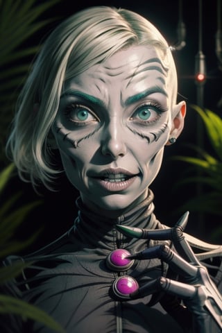 creepy Cyberpunk artwork inspired by Jack Skellington from The Nightmare Before Christmas, set in a futuristic fashion cyberpunk universe. Sexy, Emphasize her seductive allure, beautiful face, perfect eyes, perfect nose shape, perfect lips, perfect hands, vibrant green foliage