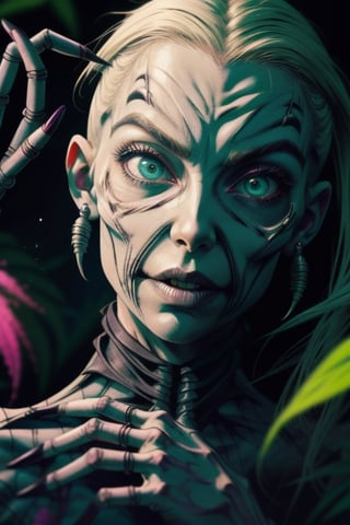 creepy Cyberpunk artwork inspired by Jack Skellington from The Nightmare Before Christmas, set in a futuristic fashion cyberpunk universe. Sexy, Emphasize her seductive allure, beautiful face, perfect eyes, perfect nose shape, perfect lips, perfect hands, vibrant green foliage