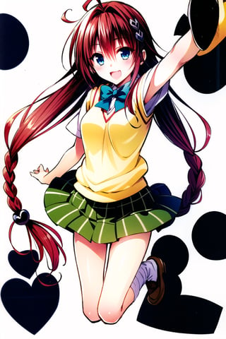 1girl, kurosaki meia, solo, long hair, school uniform, blue eyes, braid, skirt, very long hair, open mouth, red hair, sweater vest, smile, hair ornament, white background, socks, simple background, ahoge, full body, :d, loafers, pleated skirt, shoes, single braid, plaid skirt, looking at viewer