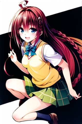 1girl, kurosaki meia, solo, long hair, school uniform, blue eyes, braid, skirt, very long hair, open mouth, red hair, sweater vest, smile, hair ornament, white background, socks, simple background, ahoge, full body, :d, loafers, pleated skirt, shoes, single braid, plaid skirt, looking at viewer