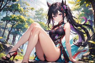 An 18-year-old girl with knee-length black hair, a purple and white cheongsam, in the forest, wearing stockings and high heels, the breeze blowing, smiling, and a small hairpin,
