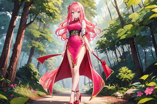 A 17-year-old girl with a smile, waist-long, wavy hair, white-red-gold cheongsam, high heels, long pink hair, in the forest,