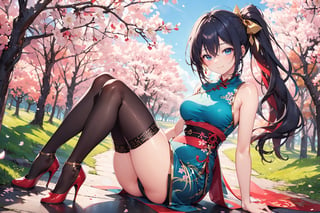 A 20-year-old girl with a smile, waist-long wavy hair, side ponytail, blue-red-gold cheongsam, stockings, high heels, light blue long hair, in the cherry blossom forest,
