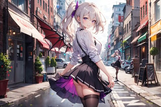 A 22-year-old girl with a smile, waist-long wavy hair, side ponytail, short top, shirt, skirt, stockings, high heels, lavender long hair, on the street, wings