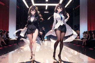 Two 17-year-old girls, one with long side braided hair, one with long wavy hair, in business suits, short skirts, stockings, high heels, on the catwalk, smiling,