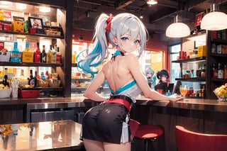 Capture the vibrant atmosphere of a modern snack bar as a 17-year-old girl with waist-length wavy hair and a side ponytail strikes a confident pose. She wears a short top, a flowy skirt, and high heels, her off-white locks cascading down her back like a river of silk. Soft lighting illuminates the scene, casting a warm glow on her bright smile as she leans against the counter, surrounded by colorful snacks and drinks.