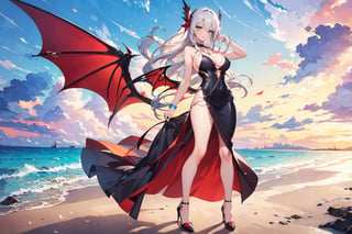 A 25-year-old girl, at the beach, with long silver hair, wavy hair, breastless evening dress, red stockings, high heels, necklace, wings,