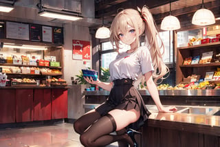 A 17-year-old girl with a smile, waist-long wavy hair, side ponytail, short top, shirt, skirt, stockings, high heels, off-white long hair, in the snack bar,