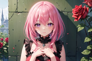 masterpiece, best quality, extreme detailed, absurdres, 8k, illustration, pixiv, official art, 1girl, busty, (long pink hair), red eyes, red dress, frills, (solo female), smile, portrait, hands on chest, rose on hands, graden of roses, fantasy, midjourney, dreamwave