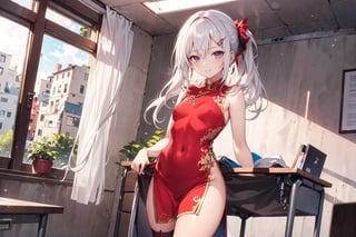 A 20-year-old girl with long silver hair cascading down her back stands confidently in a cluttered classroom, her bright red and white cheongsam catching the eye. Her legs are crossed, showcasing her stockings and high heels, as she leans slightly against her desk. A gentle breeze rustles her hairpin, which holds a small, delicate strand in place. Her smile plays on her lips, hinting at a secret known only to her.