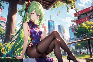 A 25-year-old girl with long green hair, purple cheongsam, sitting in the park, stockings, high heels, the breeze blows, hands stroking her long hair, smiling, small hairpin