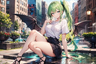 A 17-year-old girl with a smile, waist-long wavy hair, side ponytail, short top, shirt, short skirt, high heels, light green long hair, in the fountain square, wings