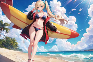 A 16-year-old girl, at the beach, with long light blond hair, side ponytail, long wavy hair, bikini, stockings, high heels, smiling, drizzling,
