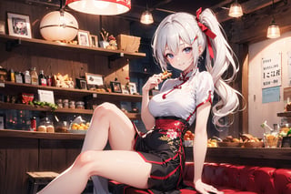 A 17-year-old girl with a smile, waist-long wavy hair, side ponytail, short top, shirt, skirt, cheongsam, stockings, high heels, long off-white hair, in the snack bar,