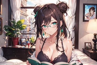 1girl, 18 years old, long hair, brunette hair, messy bun hairstyle, glasses, emerald green eyes, tan_skin, curvy yet slender physique, otaku vibe, college student, reading a book, white camisole, inside her room, dim light, in-love expression, head_portrait, head to shoulder photography, photorealistic, beautiful portrait, looking at the viewer, bokeh effect, masterpiece, highest-quality, intricate details ,aesthetic portrait,better photography,watercolor, Manhwa beautiful ,Expressive,watercolor \(medium\)