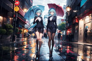 Rainy streetscape: two 17-year-old girls, with long locks of light blue hair styled in effortless waves, pose confidently together, dressed in sharp business suits and short, flirty skirts, their legs showcased beneath sheer stockings. High heels click on the wet pavement as they beam with joy, umbrellas held at the ready to shield them from the steady rain.