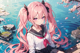 1girl, solo, long_hair, pink_hair, cherry_blossoms, skirt, very_long_hair, ripples, school_uniform, twintails, black_skirt, reflection, serafuku, from_above, neckerchief, shirt, pleated_skirt, pink_eyes, sailor_collar, long_sleeves, black_shirt, flower, black_serafuku, sitting, water, looking_up, bangs, looking_at_viewer, petals, closed_mouth, black_sailor_collar