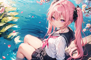 1girl, solo, long_hair, pink_hair, cherry_blossoms, skirt, very_long_hair, ripples, school_uniform, twintails, black_skirt, reflection, serafuku, from_above, neckerchief, shirt, pleated_skirt, pink_eyes, sailor_collar, long_sleeves, black_shirt, flower, black_serafuku, sitting, water, looking_up, bangs, looking_at_viewer, petals, closed_mouth, black_sailor_collar