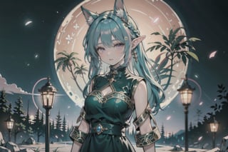1girl,elf,elf_ears,green_hair,anime_hair,hairstyle,detailed eyes, forest, night, firefly, cowboy_shot,cute,cute style clothes,hair_accessories,accessories,aesthetic,