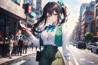 A stunning Rin Kujou steps out onto the vibrant streets of Shibuya, with her long jet black hair flowing behind her tied in a ponytail. Her fine facial features, including large bright brown eyes and bold lips, convey maturity and confidence as she walks. The midday sun casts a warm glow on her slender figure, accentuating her well-defined curves: (B86-W61-H86). Her high school uniform is baggy, but tight enough to highlight her figure (white blouse, mint bow, beige vest, short green plaid skirt), drawing attention to her striking physique. As she navigates the bustling streets, her serious expression hints at an inner beauty radiating from within.,rin kujou,1girl,Eyes