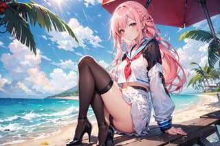 A 20-year-old girl, at the beach, with long pink hair, side braid, white sailor suit, stockings, high heels, on a rainy day,