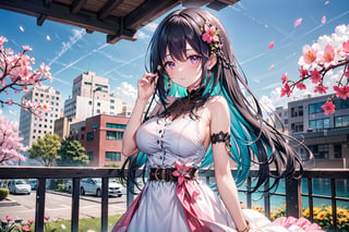 1girl, solo, long hair, breasts, looking at viewer, blush, bangs, large breasts, black hair, hair ornament, dress, bare shoulders, brown eyes, jewelry, medium breasts, closed mouth, blue hair, standing, flower, multicolored hair, cowboy shot, earrings, outdoors, sky, glasses, sleeveless, day, belt, cloud, hand up, hair flower, white dress, two-tone hair, petals, sleeveless dress, cherry blossoms, building, semi-rimless eyewear, pink flower, red-framed eyewear, under-rim eyewear, colored inner hair, railing, pink-framed eyewear
