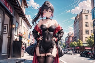 girls,very long hair, breasts, looking at viewer, bangs, black hair, hair ornament, thighhighs, long sleeves, dress, ribbon, cleavage, bare shoulders, brown eyes, jewelry, medium breasts, standing, collarbone, hair ribbon, ponytail, thighs, cowboy shot, earrings, outdoors, parted lips, open clothes, sky, choker, day, hairclip, black thighhighs, necklace, off shoulder, coat, black jacket, strapless, covered navel, garter straps, black choker, chinese clothes, red dress, plant, building, single thighhigh, china dress, strapless dress, pelvic curtain, side slit, hands on hips, open coat, black coat, city,aakurumi