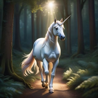 "A mystical unicorn strolling gracefully on a moonlit forest path, surrounded by ancient trees and soft, dappled light filtering through the leaves, creating a serene and enchanting atmosphere."