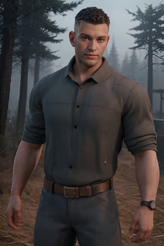 (masterpiece, only realistic, very adequate decent quality:1.3), my favorite image of a professional well-shaped real jovial healthy  happy man standing while roleplaying as masculine handsome (David King from \(Dead by Daylight realistic game\) on road in (DODGE THIS BODY MOVEMENT:1.3) in front of trees, symmetry is excellent, lighting bolts in 16k, bending trees in 8k, glowing wristwatch in 4k, (rendered in ZBrush HIGH), wearing well-rendered fully clothed manlywear, professional smooth clear lean intricate CG unit wallpaper, a digital art thriller movie screencap trending on CGSociety 9, inspired by batman body movement, strong sense of zombie forest and DC Comics,inspired by Arthur Adams, hdr, ((ActionVFX best) HIGH HIGH HIGH), highres image scan, softglow effect, we love veryvibrant matte colors, associated press, centrefold, no crop, ,