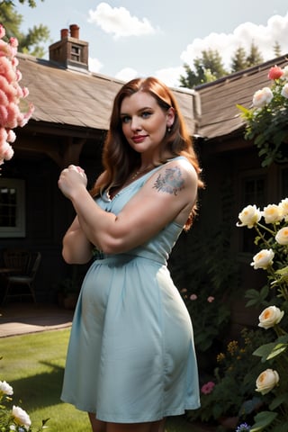 A soft-focused shot captures the intimate moment as the pale fat tattooed beautiful American mother sits in her serene garden cottage. The well-rendered floral dress adorns her plus-size figure, accentuating her beauty. Her medium brown hair falls subtly framing her face as she blushes, feeling shy about her new arm tattoo among her existing ink collection. The pale complexion glows beneath the alluring spring sky, surrounded by lush flowers and a sense of private nature. 