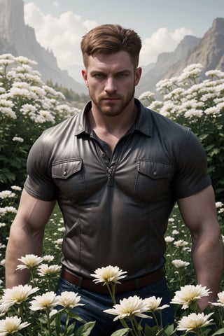 my favorite image of a handsome male miner near flowers, symmetry is excellent, highres image scan,  centrefold, professional  smooth clear clean image, no crop, exceptional well-generated symmetric perfect masculine (lantzer) male miner person,softglow effect, matte, realistic,photorealistic,Masterpiece