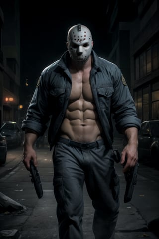 my favorite image of a huge masked (jasonmale) fullybarechested in realistic large masculine police pants(cross-walking) the urban street, holding a (white plastic gun), street lights, city lights, neon lights at shops, skyscrapers, night light, night time, vehicles, people in sidewalk, alive, vivid image with depth of field, ((softglow effect)), vibrant matte colored chiaroscuro extremely smooth clear clean professional uhd image, highres image scan, centrefold, no crop,