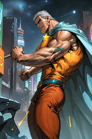Baicinan\(seatiger\) dashes through a vibrant, neon-lit urban landscape at incredible speed. His grey hair flows behind him like a banner as he sprints in fully-clothed masculinity, cape flapping wildly. Tall and muscular, his large jaw set in determination. Star-studded chinese skyscrapers pierce the starry sky, illuminated by the silver moon's gentle glow. Extreme motion blur captures his intense movement, powered by (Renderman Engine) mastery, amidst a dazzling display of twinkling stars and pulsating colors.