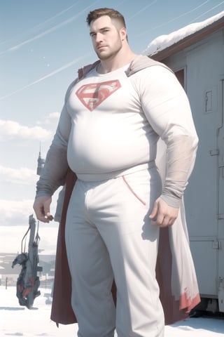 a man in a superman costume standing in the snow, gabe newell as a superman, danny devito as superman, peter griffin body type, super scale rendered, superman pose, superman, inspired by Mark Zug, buff man, superhero body, super buff and cool, peter griffin in real life, nicholas cage as superman, fat batman, peter griffin as a real person