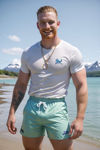 Close-up shot of Lantzer's beaming face, his 30-year-old features radiating joy. Ginger beard and undercut hairstyle frame his prominent cheekbones. Pale complexion glows under the stunning sea and vibrant spring sky in Alaska. Soft-glow effect casts a warm, matte light on his tattooed arm and broad shoulders. Bling-adorned necklace sparkles against the baggy nylon shorts and large male chav jersey. Lantzer's happy, nice, and handsome, exuding an ultra-happy atmosphere of fun under the intense sun.,SD 1.5,base model