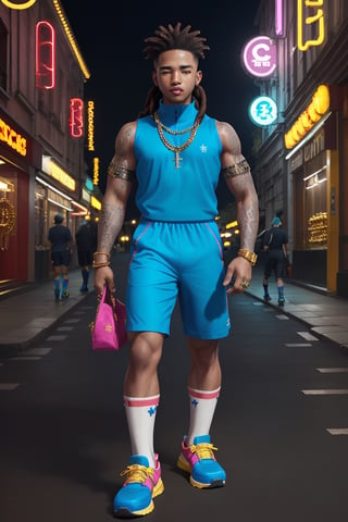 the very best most absurdmacho masculine manly chav American rapper large imposing tall slender perfectly-shaped male (afroasian:1.1) muscular dark-skinner smooth person in style (cross-walking in rapper style:1.2) at the plaza in Paris, ((armtattoo, necktattoo, legtattoo, 30yearold, dreadlocks with male chav neon ornaments on:1.2), (dominating viewer:1.3), (wearing rendered fully-clothed male chav baggy clown short on, realistic male chav very baggy large clown nylon shorts on:1.22),   symmetry, depth of field, real Paris place, (real male chav very long funny clown socks on, symmetric male very large male chav adidas high sneakers with bling and leds on soles:1.3), (afro-futuristic macho male person), highres image scan, associated press, smooth clear clean vibrant matte professional realsim about macho, handsome, absurdmacho, perfeclty shapped handsome afroasian male hair head face eyes, charming but ugly but attractive but dangerous but sexy very original peculiar black male person full of rings blings cheap jewelry in the world, must be perfect , arm tattoo, very tall, neckchain with cheap golden bling bling bling, large shoulders, very masculine ,real only, only real life, only real, real, real,  syahnk,HIGHLY DETAILED