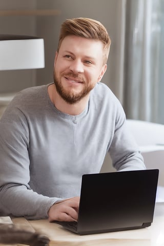 Portrait of a perfectly-shaped realistic man Smiling Handsome Gingerbearded Canadian Man Working from Home on a Laptop Computer in Sunny Cozy Apartment. Successful Male Entrepreneur Does Remote for e-Business Project, uhd, wearing well-rendered fully clothed, rendered in SFM, Cinema 5d, movie still, highres image scan, firm focus, normal life, associated press, Online Shopping, a shutterstock smooth clear clean vibrant image masterpiece,HIGHLY DETAILED, fix limbs, fix fist, fix hands, symmetric arms fist hands fingers with accurate perspective matching scene, real person head face with sense of normal male person in normal image, sober, mike zacharias