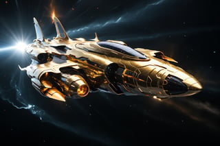 (Professional Epic Arnold Maya ActionVFX:1.2) scfi realistic real nebulae deepspace masterpiece of futuristic a spacejet which ignites its engine with a mythologyc sun stone and keeps swiftlingspacefaring propelled by solar wind:1.05, an elegant (tesseract-shaped golden spaceship made of light-semitranslucent-materials) with qvasi-solid turbine used for ignition and jetting and the described vessel there is a huge semi-translucent-golden-plastic-like enormous sail which captures solar wind to keep its trajectory through space:1.2, it leaves a gentle persistent golden shy glowing trace behind which can also be used as a path for similar jets for easily and faster optmized capture of solar wind:1.1, Elegance aligned with intelligent economic ecological spacefaring long-distance  jet for interplanetary human-like commutes and light commercial use:0.8, truly epic creative best deepspace with mastery engineering geometry astronomy astrophysics majesticindustrialdesign award-winning smooth intricate 64k best 3d cg realistic demonstration, hyper-realistic, ultra-realistic, futureal, majestic scifi, elagant rich inventive newest, best void-parallax semiotics, trending inside the fabric of universe, (post-futurism), requires the very best artist in the universe,spcrft