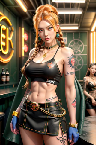 Here's your prompt:

A stunning Korean female model, 'Prod1gy', with slender thin physique and striking sienna hair adorned with braids and bling ornaments, proudly showcases her pale complexion under a softglow-effect. She stands confidently in the intricate tattoo parlour venue, surrounded by realistic indoor elements such as tattoo posters, objects, and professionals working in the background. Her fully-clothed chav-inspired crop-top and plastic miniskirt accentuate her toned physique. The blackboard behind her reads 'Tensor Art'. In a majestic studio setting, lit with perfection using Leica 85mm lens, she proudly displays her new arm tattoos against a vibrant backdrop.